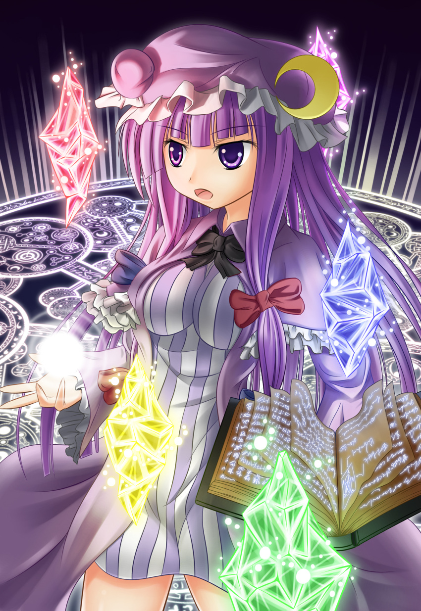 book bow breasts crescent crystal hair_bow hair_ribbon hat highres long_hair magic_circle patchouli_knowledge purple_eyes purple_hair ribbon solo touhou violet_eyes