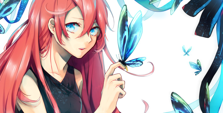 1girl blue_eyes butterfly butterfly_on_hand long_hair looking_at_viewer megurine_luka pink_hair sleeveless solo vocaloid