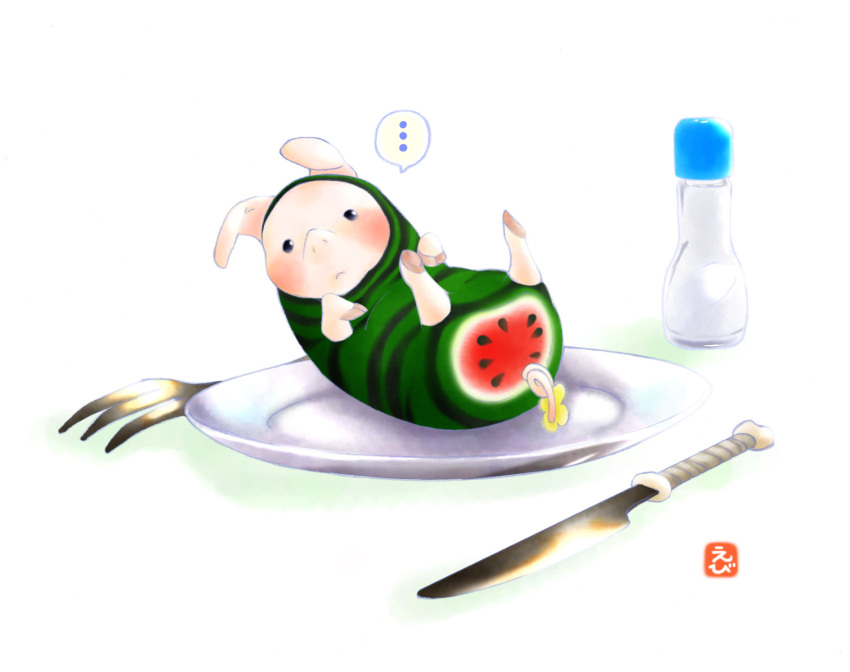 fork highres knife monster_hunter pig plate poogie watermelon_print