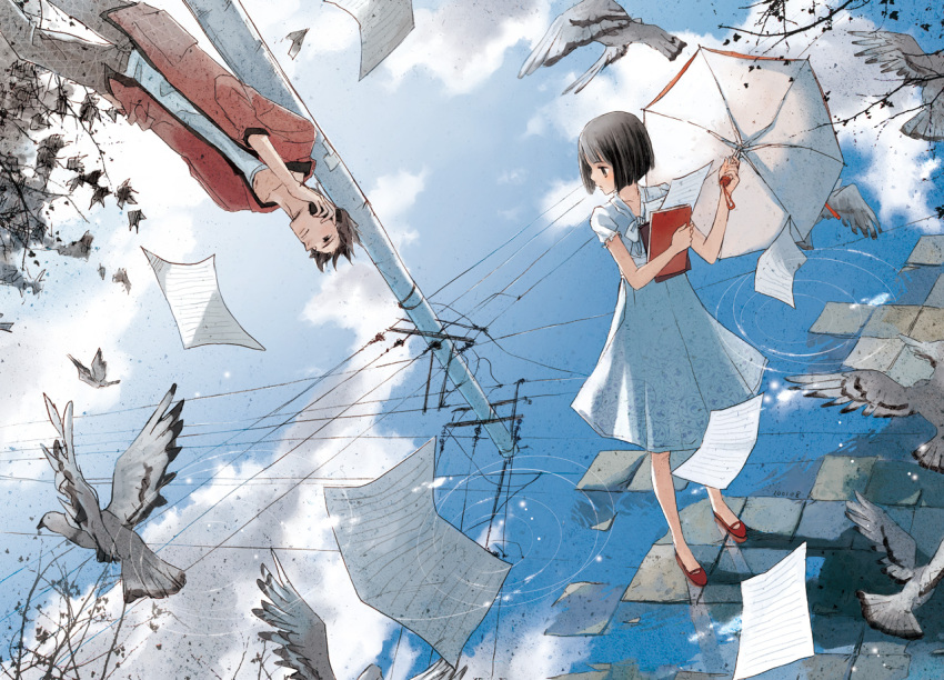 black_eyes black_hair cellphone cloud clouds dress flying_paper paper phone power_lines reflection selina short_hair sky umbrella water