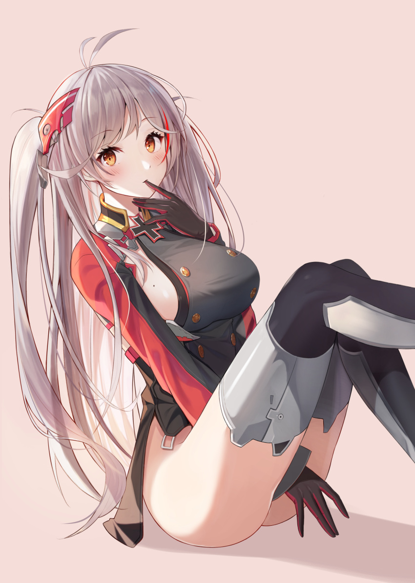 1girl absurdres antenna_hair azur_lane bangs between_legs black_dress black_gloves black_legwear breasts double-breasted dress eyebrows_visible_through_hair finger_to_mouth gloves hand_between_legs headgear highres iron_cross knees_up large_breasts long_hair long_sleeves looking_at_viewer military military_uniform multicolored_hair niji_(rudduf232) orange_eyes prinz_eugen_(azur_lane) redhead short_dress side_slit sideboob silver_hair sitting solo streaked_hair thigh-highs thighs two_side_up uniform very_long_hair