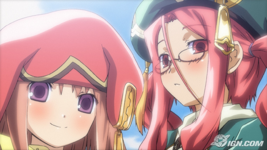 brown_hair candy_(rune_factory_frontier) cinnamon(rune_factory_frontier) glasses hat pink_eyes pink_hair purple_eyes rune_factory rune_factory_frontier twintails violet_eyes