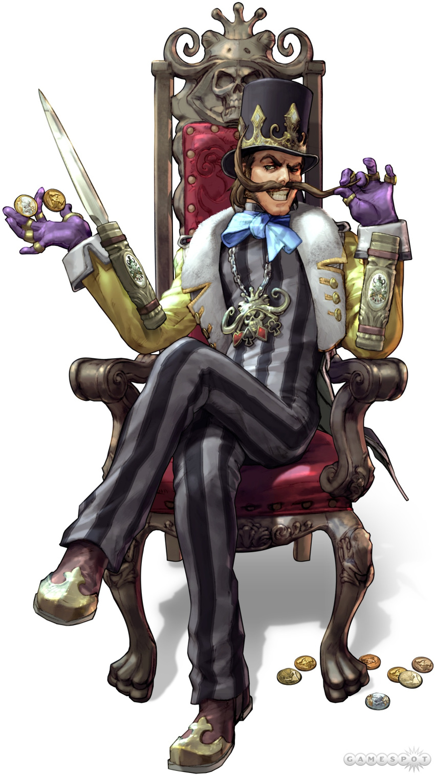 bodysuit brown_hair coin concealed_sword concealed_weapon facial_hair geo_dampierre gloves grin hat highres jewelry kawano_takuji lord_geo_dampierre male mustache namco_bandai official_art raised_eyebrow ring smile solo soul_calibur soul_calibur_v soulcalibur soulcalibur_v striped sword throne top_hat watermark weapon