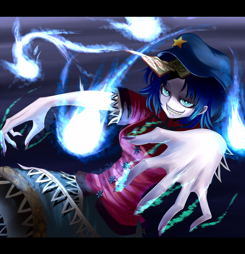 blue_eyes blue_hair breasts chinese_clothes dress fingernails glowing grin hat highres jiangshi letterboxed miyako_yoshika nail nail_polish ofuda outstretched_arms rion_(glayjirobass) ship_teerh short_hair smile solo spirit star touhou zombie_pose