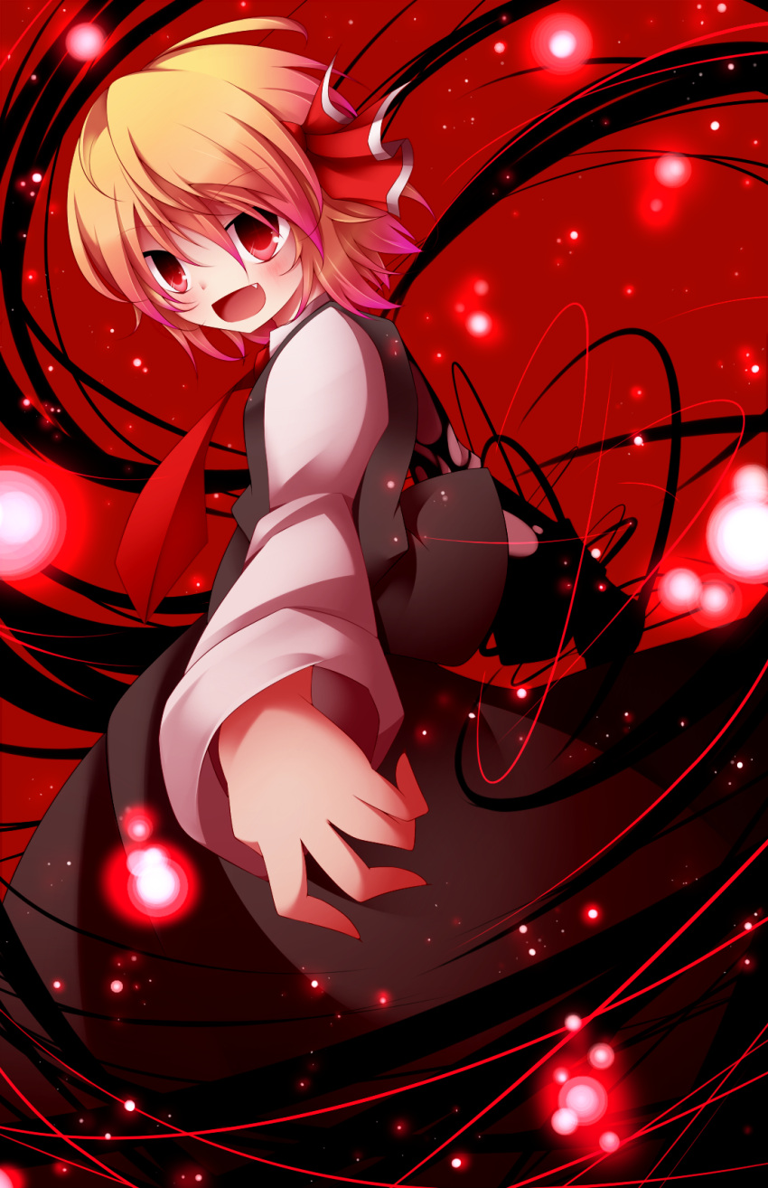 1girl blonde_hair fang hair_ribbon highres kuroyume_(dark495) lights looking_at_viewer open_mouth outstretched_arms red_eyes ribbon rumia shirt short_hair skirt skirt_set smile solo touhou vest