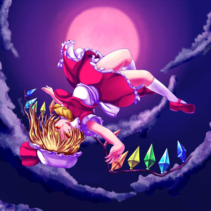 1girl ascot blonde_hair flandre_scarlet full_moon hat hat_ribbon highres mary_janes moon night open_mouth outstretched_arms pirorun red_eyes red_moon ribbon shoes short_hair side_ponytail skirt skirt_set smile solo touhou wings