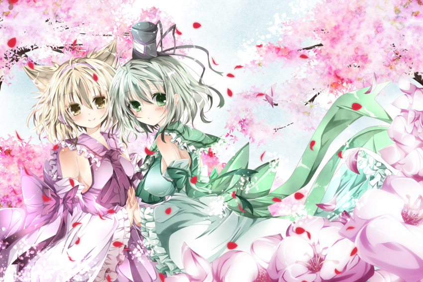 alternate_costume animal_ears bare_shoulders blush breasts brown_eyes brown_hair bust cherry_blossoms detached_sleeves dress flowers green_dress green_eyes green_hair hand_holding hat holding_hands large_breasts looking_at_viewer multiple_girls nanase_nao nature no_bra outdoors petals short_hair smile soga_no_tojiko touhou toyosatomimi_no_miko