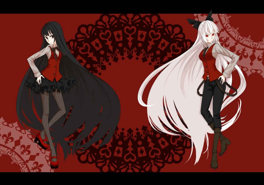 absurdly_long_hair black_eyes black_hair boots bow bowtie doily formal frills fujiwara_no_mokou hair_bow hand_on_hip highres hips hisame_(gocbu) houraisan_kaguya letterboxed long_hair mary_janes miniskirt multiple_girls necktie pant_suit pants pantyhose red_eyes shoes skinny skirt skirt_suit smile suit symmetry touhou vertical-striped_legwear vertical_stripes very_long_hair vest white_hair