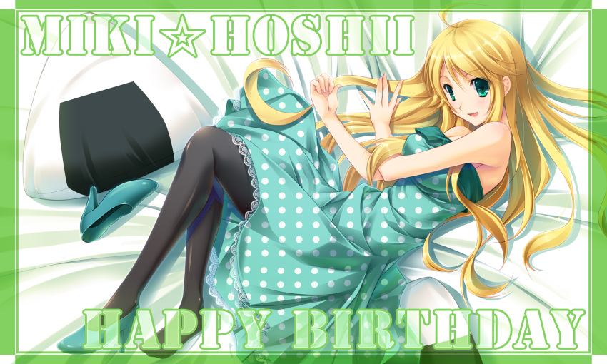 ahoge blonde_hair dress food green_eyes highres hoshii_miki idolmaster lying maichaso onigiri open_mouth pantyhose pillow polka_dot polka_dot_dress single_shoe smile solo