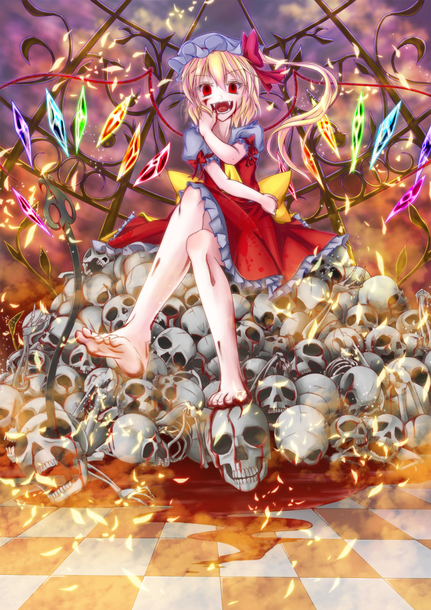 ascot barefoot blonde_hair blood blood_stain cage checkered checkered_floor crossed_legs fangs feet fire flame flandre_scarlet hair_ribbon hand_on_hip hand_to_mouth hat highres hips kei_yuiba lace laevatein legs_crossed open_mouth pile red_eyes ribbon short_hair side_ponytail sitting skeleton skirt skull smile solo the_embodiment_of_scarlet_devil toes touhou wings