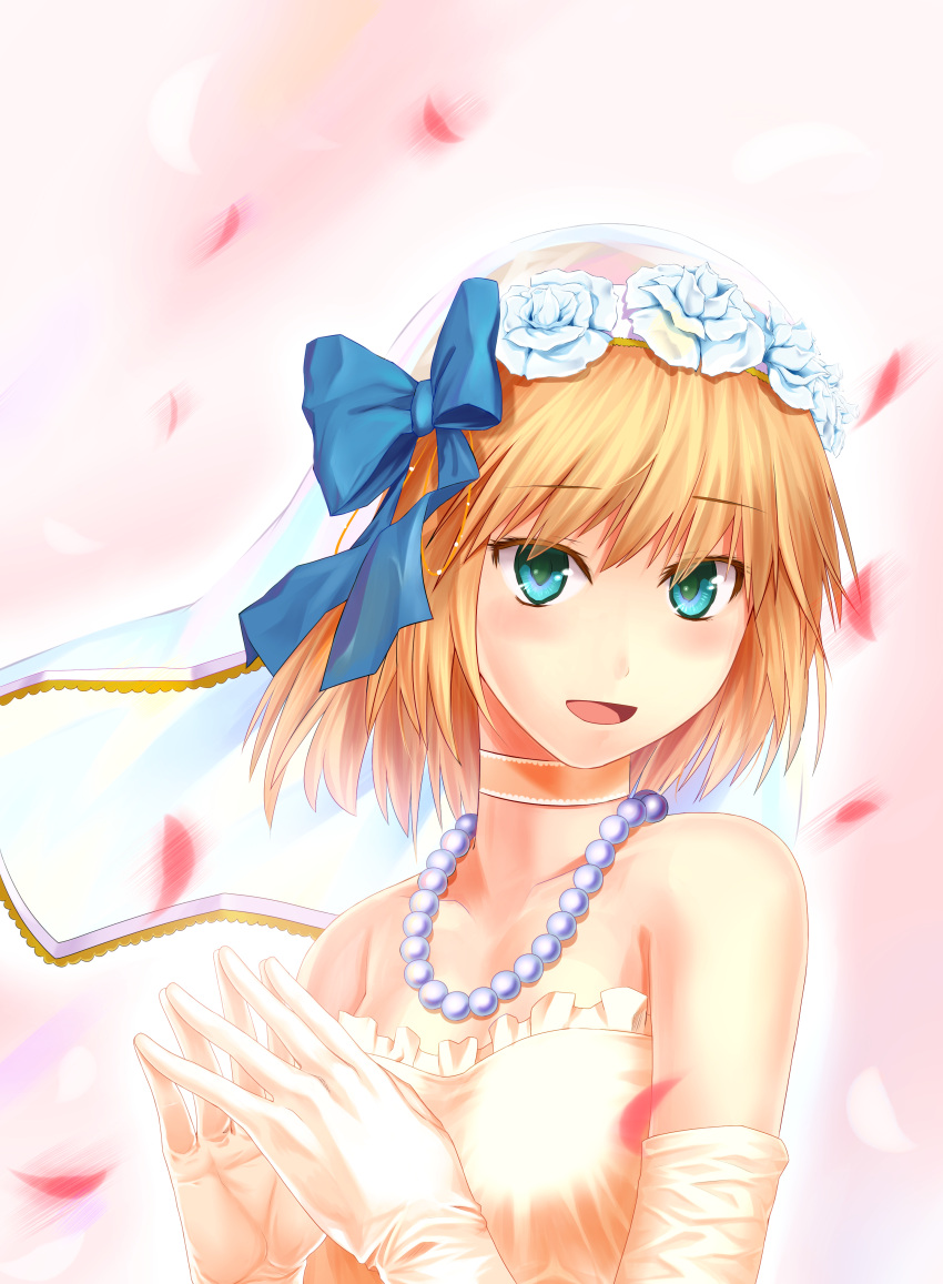 1girl absurdres blonde_hair bridal_veil dress elbow_gloves gloves green_eyes hair_ribbon hands_together highres jewelry masa07240 mizuhashi_parsee necklace open_mouth pearl_necklace petals r ribbon short_hair smile solo touhou veil wedding_dress white_gloves