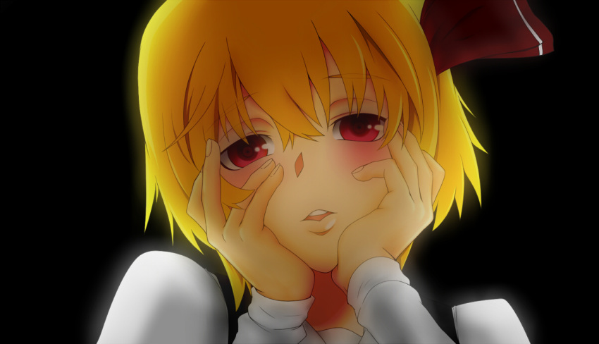 black_background blonde_hair face hair_ornament hair_ribbon hands_on_own_cheeks hands_on_own_face lips mirai_nikki open_mouth parody red_eyes ribbon rumia short_hair simple_background solo the_embodiment_of_scarlet_devil touhou yandere_trance youkai
