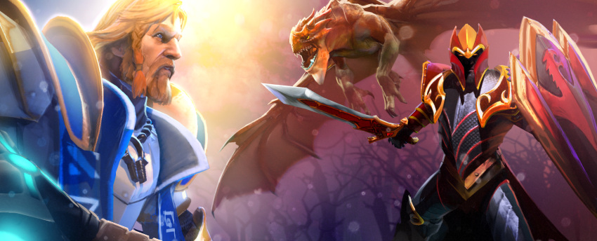 armor blonde_hair blue_eyes braid davion davion_(dota_2) defense_of_the_ancients defense_of_the_ancients_2 dota_2 dragon dragon_knight glowing_eyes helmet highres knight kunkka looking_at_viewer omniknight open_mouth orange_eyes purist_thunderwrath red_eyes shield sparkle sword three weapon wings