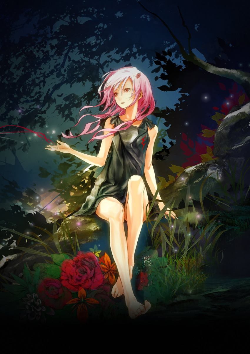 bare_shoulders barefoot chelly_(supercell) feet flower forest hair_ornament hairclip highres long_hair nature pink_hair red_eyes red_rose redjuice rose sitting solo supercell toes
