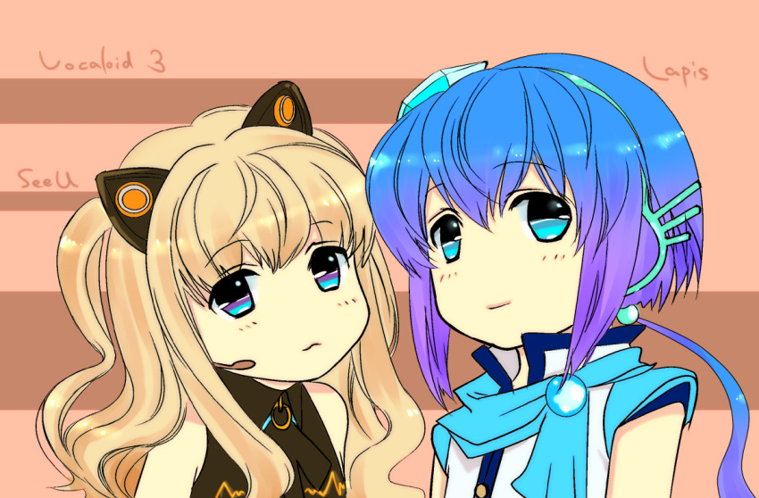 2girls :3 animal_ears aoki_lapis artist_request blonde_hair blue_eyes blue_hair blush cat_ears character_name headset long_hair multiple_girls scarf seeu short_hair source_request striped striped_background vocaloid