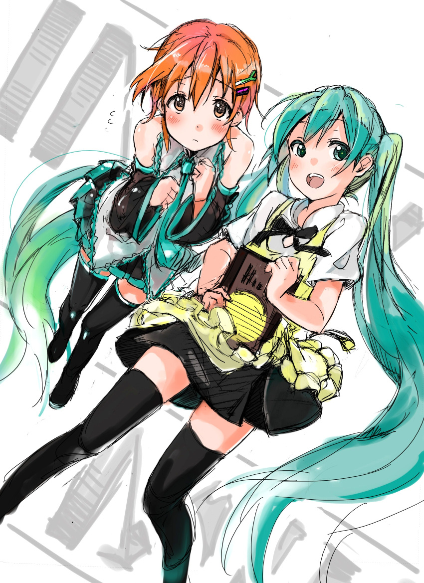 :d aqua_eyes aqua_hair bad_id blush boots cosplay costume_switch detached_sleeves flying_sweatdrops fujita_saki hatsune_miku hatsune_miku_(cosplay) highres inami_mahiru inami_mahiru_(cosplay) long_hair menu multiple_girls open_mouth orange_eyes orange_hair s@ki_kilisawa seiyuu_connection short_hair sketch smile thigh-highs thigh_boots thighhighs twintails very_long_hair vocaloid waitress working!! zettai_ryouiki