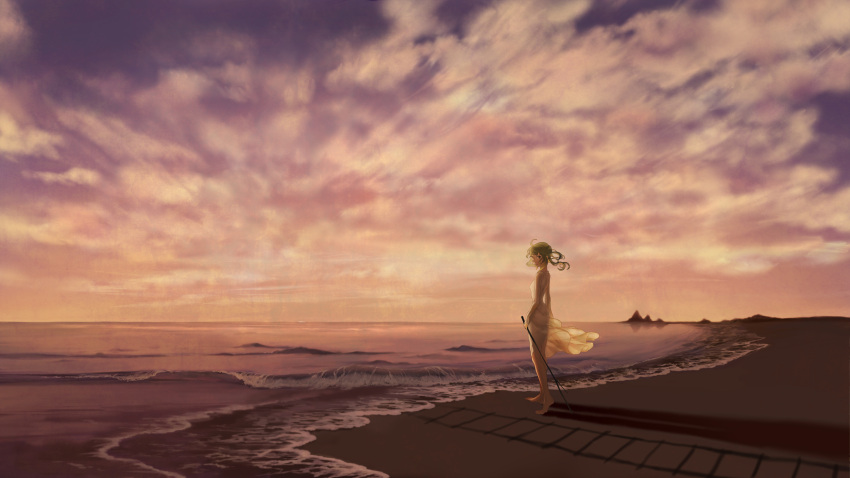 barefoot beach blue_sky cloud dress green_eyes gumi highres ocean railroad_tracks see-through sky solo stick sunset tomero turning vocaloid waves yellow_dress