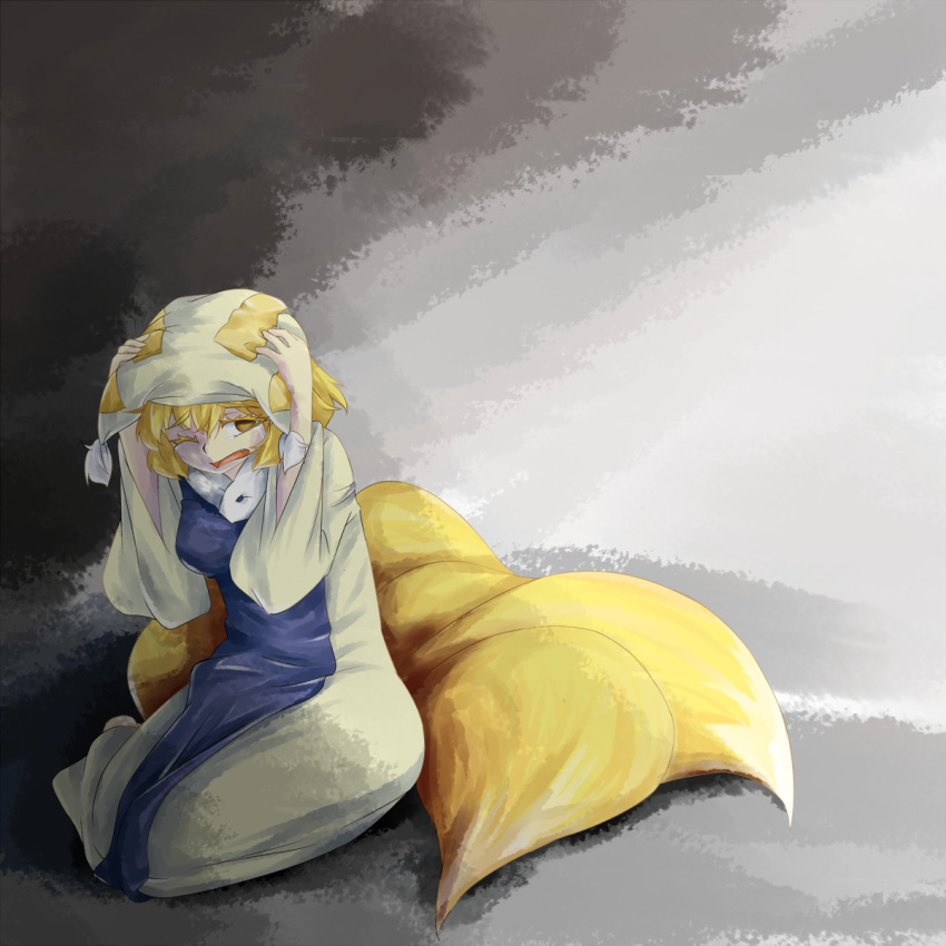 blonde_hair breasts cowering dress fang fear fox_tail hand_on_hat hand_on_head hat highres open_mouth sad shellmound short_hair simple_background sitting solo tabard tail tears touhou wariza yakumo_ran yellow_eyes