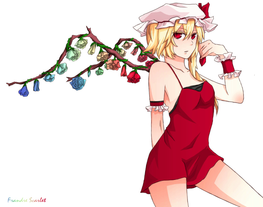 adult arm_behind_back armband bare_shoulders blonde_hair blue_rose character_name collarbone dress flandre_scarlet flat_chest flower hat hat_ribbon hyou_haku red_dress red_eyes red_rose ribbon rose short_dress short_hair simple_background solo spaghetti_strap the_embodiment_of_scarlet_devil thorns touhou wings wrist_cuffs