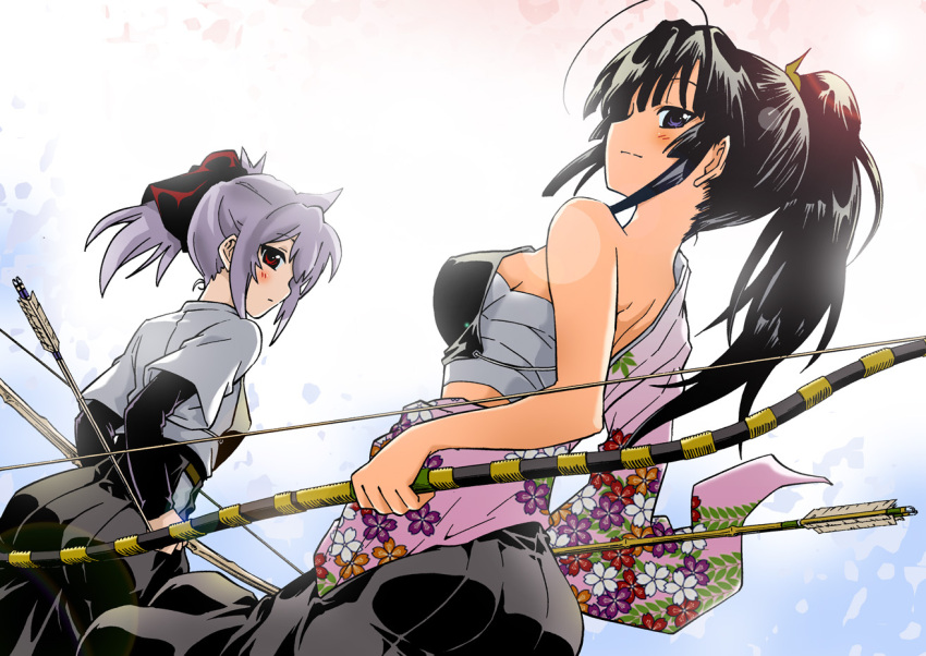 akira_(umihan) archery arrow bare_shoulders black_eyes black_hair bow bow_(weapon) breasts dutch_angle female from_behind japanese_clothes kyuudou large_breasts looking_back medium_breasts multiple_girls muneate original outdoors ponytail red_eyes sarashi sideboob silver_hair standing weapon