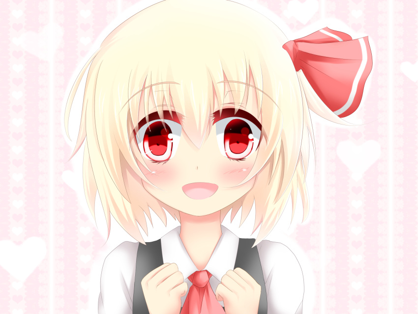 ascot blonde_hair blush hair_ribbon hands_on_own_chest heart highres koji_(kohei66) open_mouth red_eyes ribbon rumia shirt short_hair smile solo the_embodiment_of_scarlet_devil touhou vest youkai