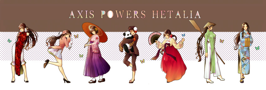 absurdres ahoge armband armpits axis_powers_hetalia bare_legs bare_shoulders bob_cut bow braid brown_eyes brown_hair bun_cover butterfly capri_pants character_request china_(hetalia) china_dress chinese_clothes closed_eyes detached_sleeves double_bun earrings eyes_closed fan flower folding_fan genderswap geta hair_bow hair_flower hair_ornament hair_ribbon hakama hanbok hat high_heels highres hong_kong_(hetalia) hug japan_(hetalia) japanese_clothes jewelry kimono korea_(hetalia) korean_clothes legs light_smile lips long_hair long_image long_skirt mida_(hakurara) military military_uniform multiple_girls oar open_mouth panda pants parasol payot peaked_cap plum_blossoms ponytail ribbon rice_hat shoes short_hair side_slit skirt sleeves_past_wrists smile spider_lily standing standing_on_one_leg tabi taiwan_(hetalia) umbrella uniform very_long_hair vietnam_(hetalia) vietnamese_dress wide_image wink