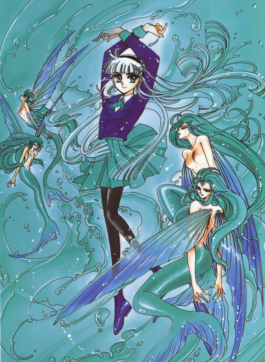 90s absurdres arms_up black_hairband black_legwear black_pantyhose blazer blue blue_blazer blue_eyes blue_hair blue_jacket clamp closed_mouth female hairband highres jacket long_hair long_sleeves magic_knight_rayearth mermaid monster_girl multiple_girls official_art pantyhose pleated_skirt ryuuzaki_umi scan school_uniform shoes skirt smile water