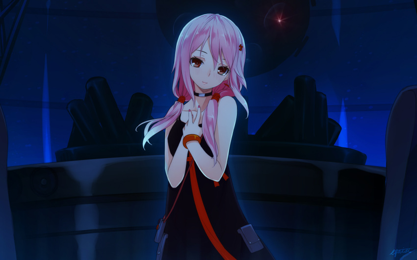 bag bare_shoulders black_dress blush bracelet choker dress guilty_crown hair_ornament hairclip hands_on_own_chest highres hinasaki jewelry lipstick long_hair looking_at_viewer low_twintails makeup nail_polish night pink_hair purse red_eyes signature sleeveless smile solo twintails yuzuriha_inori