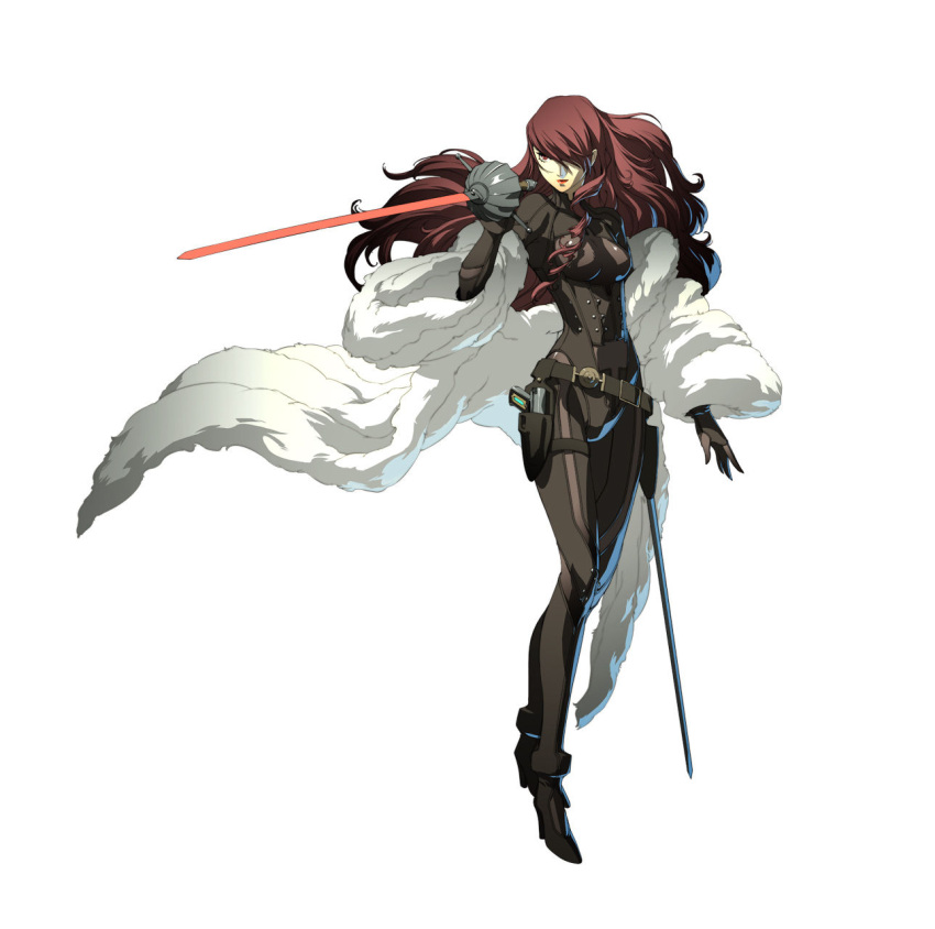 adult arc_system_works artist_request belt bodysuit catsuit evoker hair_over_one_eye highres jpeg_artifacts kirijou_mitsuru lipstick long_hair makeup official_art persona persona_3 persona_4:_the_ultimate_in_mayonaka_arena rapier red_eyes red_hair redhead soejima_shigenori solo sword weapon