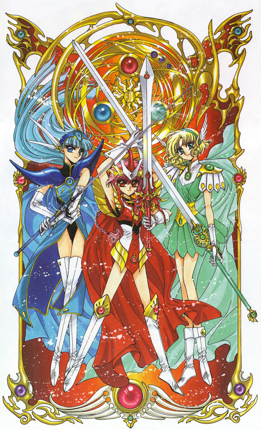 3girls 90s absurdres arm_up armor armored_dress bangs blonde_hair blue_cape blue_eyes blue_hair boots cape clamp closed_mouth crossed_legs_(standing) dress elbow_gloves eyebrows_visible_through_hair floating_hair full_body gem gloves green_cape green_eyes green_hairband hairband hand_up head_wings headpiece headwear highres holding holding_sword holding_weapon hououji_fuu leotard leotard_under_clothes long_hair magic_knight_rayearth multiple_girls official_art parted_bangs pauldron pauldrons pink_hair red_cape red_eyes ryuuzaki_umi scan shidou_hikaru shoes short_hair smile standing sword thigh-highs thigh_boots thighhighs weapon white_boots white_footwear white_gloves white_legwear white_thigh_boots winged_hairband