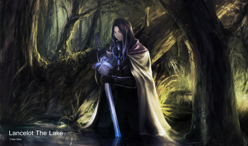 absurdres arondight arondight_(fate/stay_night) berserker_(fate/zero) cape character_name closed_eyes engrish eyes_closed fate/stay_night fate/zero fate_(series) forest hands_on_hilt highres kzcjimmy lake lancelot_(fate/stay_night) long_hair male nature no_headwear no_helmet ranguage solo spoilers sword title_drop tree water weapon