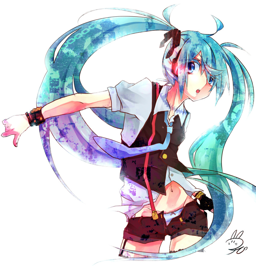 absurdres ahoge aqua_hair bad_id blue_eyes bracelet fingerless_gloves garter_straps gloves hatsune_miku highres jewelry long_hair mound_of_venus navel necktie open_fly open_mouth panties short_shorts shorts simple_background solo striped striped_panties suspenders thigh-highs thighhighs thumbs_down twintails underwear unzipped very_long_hair vocaloid zombie_neko