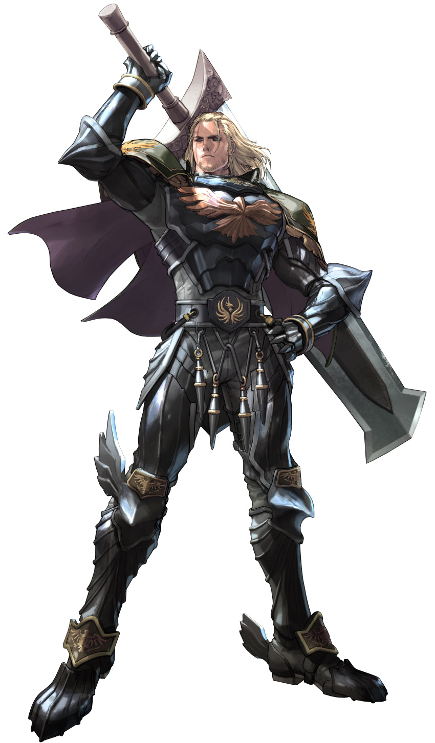 1boy absurdres arm_up armor blonde_hair breastplate cape duplicate facial_hair full_armor gauntlets greatsword greaves hand_on_hip holding_sword holding_weapon huge_sword huge_weapon kawano_takuji knight male manly namco official_art older pauldrons scar siegfried_schtauffen simple_background solo soul_calibur soul_calibur_v stubble sword weapon white_background zweihander
