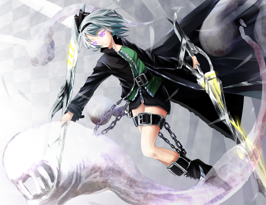 alternate_costume bad_id belt black_rock_shooter boots bow chain chains earrings glowing glowing_eyes hair_bow highres jewelry katana konpaku_youmu konpaku_youmu_(ghost) purple_eyes reio_(reio_reio) reio_reio silver_hair solo sword touhou trench_coat violet_eyes weapon