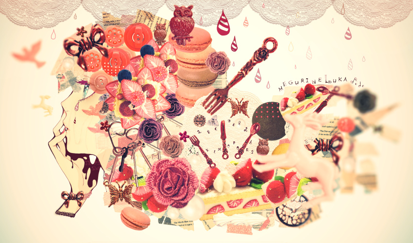 bird blue_eyes bow bracelet bust buttons cake character_name flower food fork fruit hand_on_own_face heart highres jewelry key knife lips macaron megurine_luka mixed_media musical_note nail_polish profile rain solo souno_kazuki spoon star strawberry tears toy vocaloid