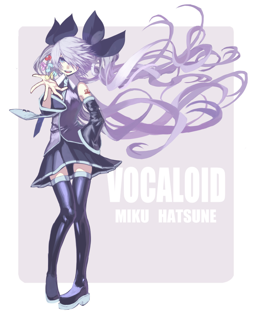 absurdres blue_eyes boots detached_sleeves hair_over_one_eye hand_on_hip hatsune_miku highres hips kansou_samehada long_hair musical_note necktie open_mouth pigeon-toed pigeon_toed purple_hair skirt solo thigh-highs thigh_boots thighhighs twintails very_long_hair vocaloid