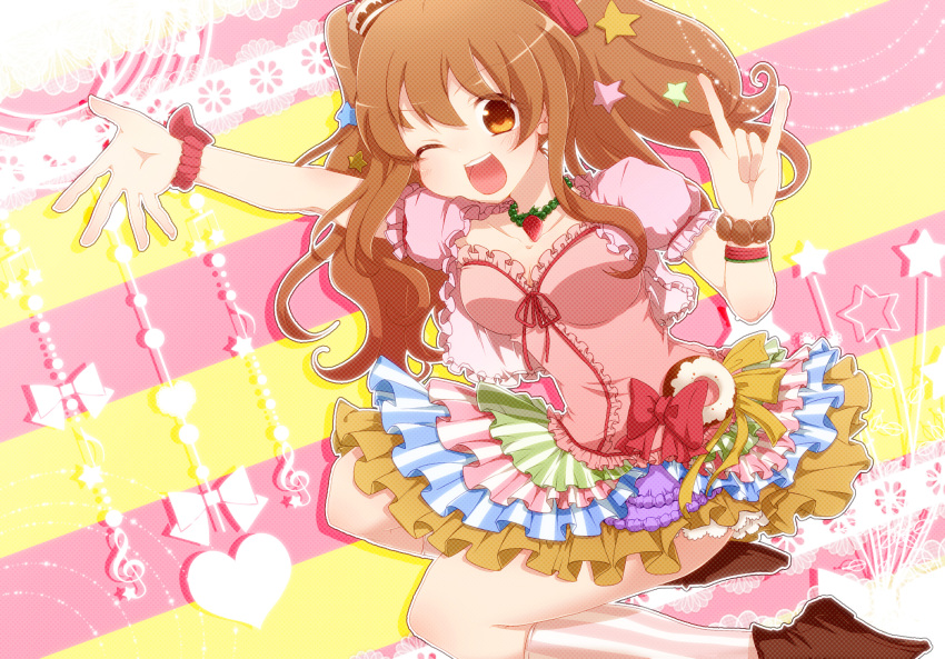 1girl \m/ blush bow breasts brown_hair cleavage collarbone doughnut food food_as_clothes food_themed_clothes fruit hair_ornament heart highres idolmaster idolmaster_cinderella_girls long_hair moroboshi_kirari open_mouth solo star strawberry twintails very_long_hair wink yellow_eyes