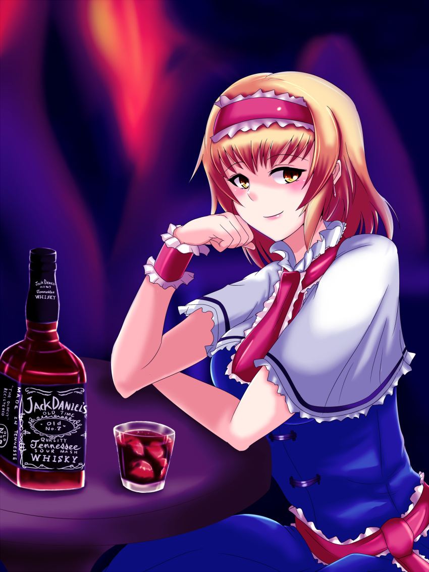 alcohol alice_margatroid blonde_hair bottle breasts capelet dress earrings frills glass hairband highres jack_daniel's jack_daniel's jewelry looking_at_viewer product_placement sekitaku smile solo touhou whiskey wrist_cuffs yellow_eyes