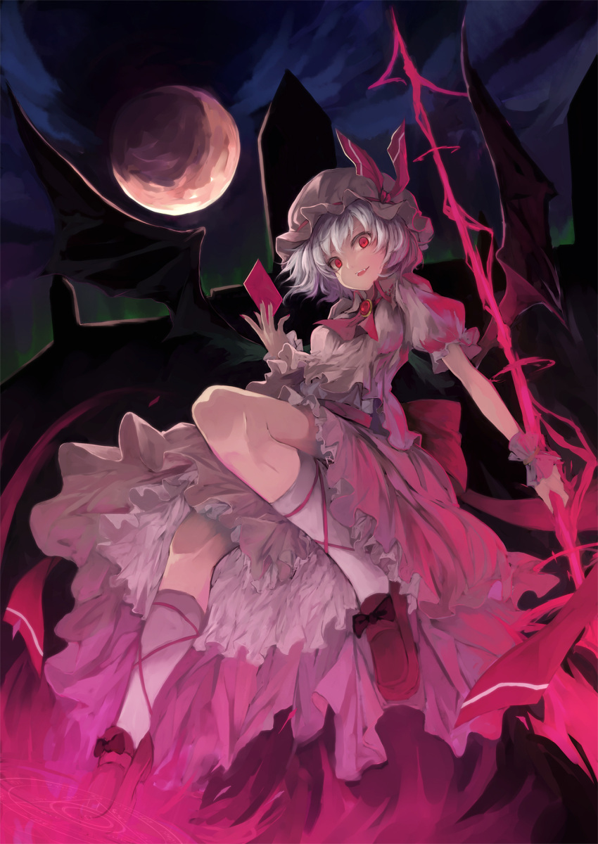 ascot bat_wings brooch building card castle cloud dress fangs fingernails frills full_moon gem grey_hair hat hat_ribbon highres jewelry kneehighs lavender_hair leg_up loafers magic_circle moon nail_polish nanahara_fuyuki night night_sky open_mouth painted_nails red_eyes remilia_scarlet ribbon shoes short_hair silver_hair skirt skirt_set sky slip_skirt solo spear_the_gungnir spell_card touhou vampire weapon white_legwear wings wrist_cuffs