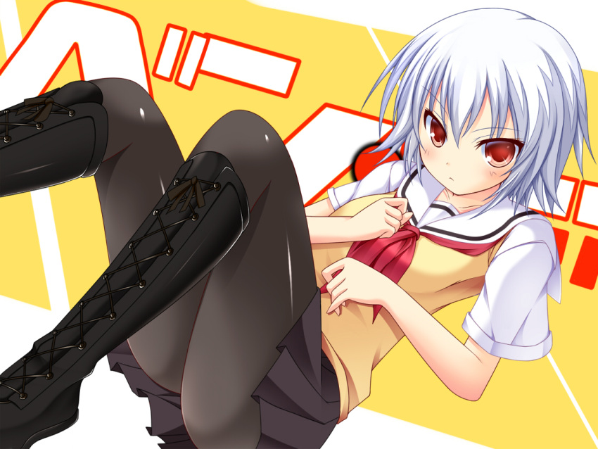 &gt;:( ascot ben-tou boots collarbone knee_boots noumin pantyhose red_eyes school_uniform solo white_hair yarizui_sen