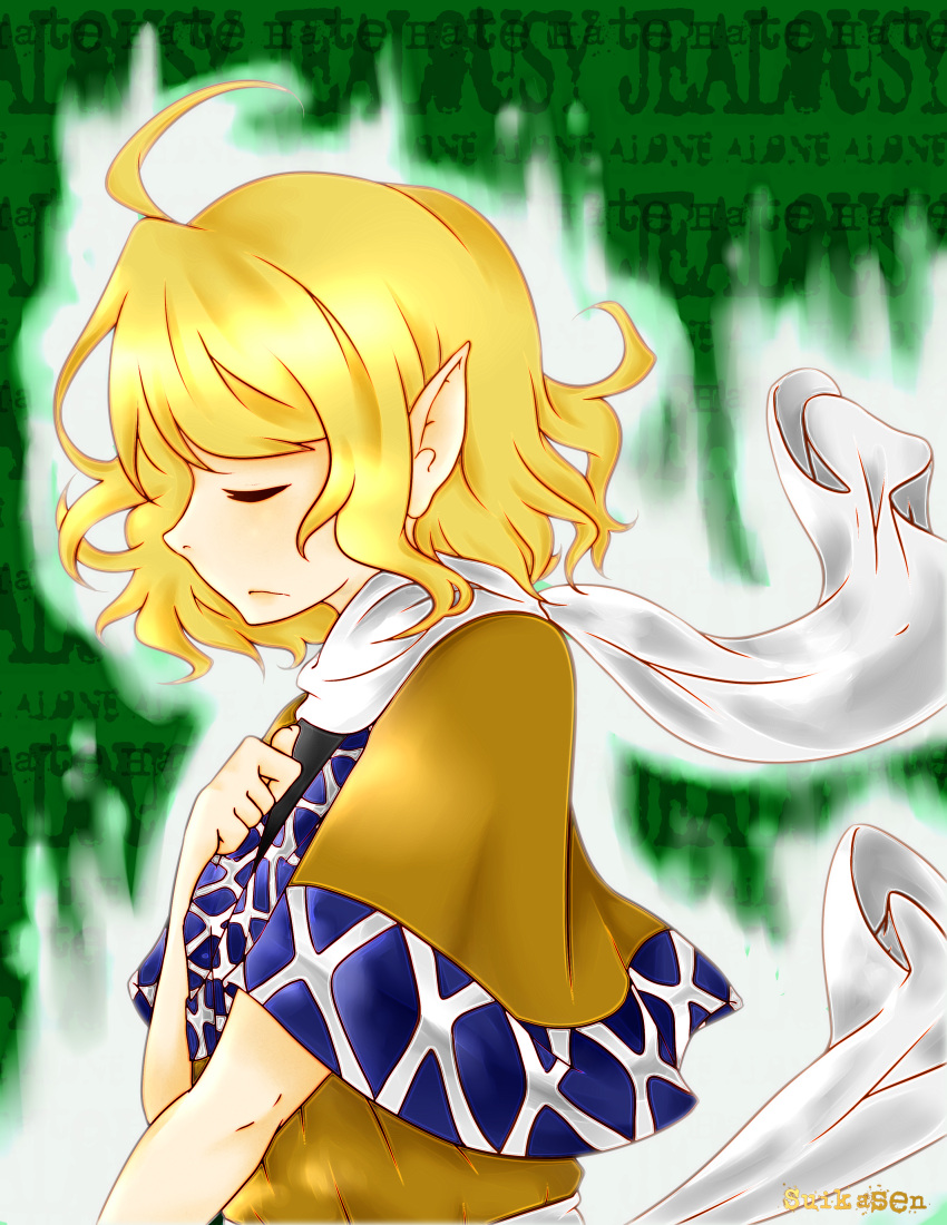 1girl absurdres aura blonde_hair bust closed_eyes english highres mizuhashi_parsee pointy_ears profile short_hair side side_view solo suikasen touhou
