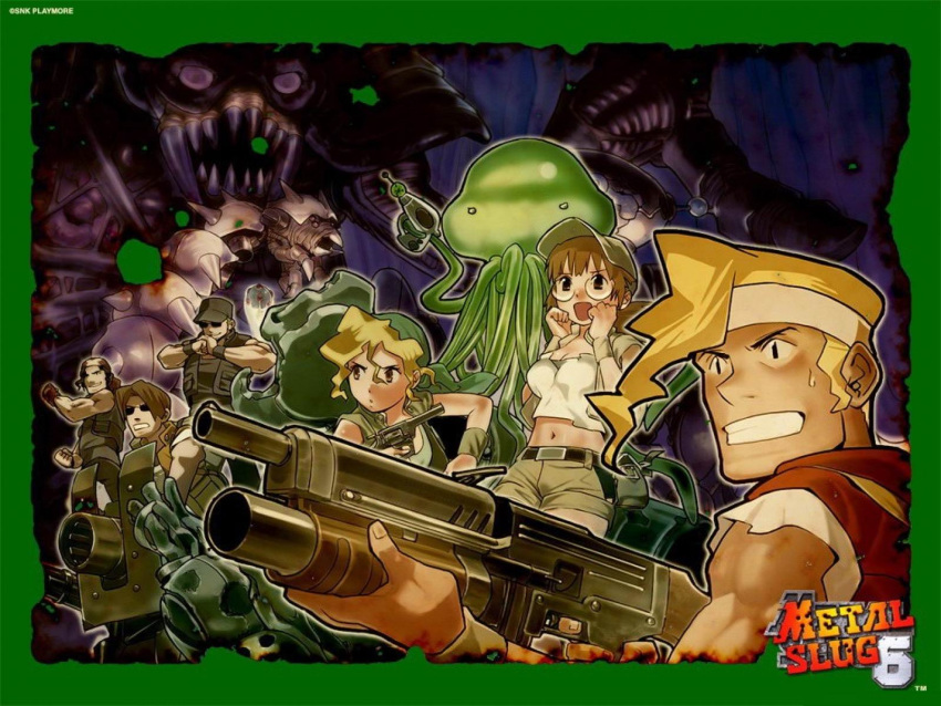 4boys alien assault_rifle baseball_cap blonde_hair brown_hair chibi clark_still everyone fio_germi grenade_launcher gun hat highres kasamoto_eri marco_rossi mars_people metal_slug multiple_boys multiple_girls muscle official_art ralf_jones ray_gun revolver rifle senno_aki snk sunglasses sv001(metalslug) sv001_(metalslug) underbarrel_grenade_launcher wallpaper weapon