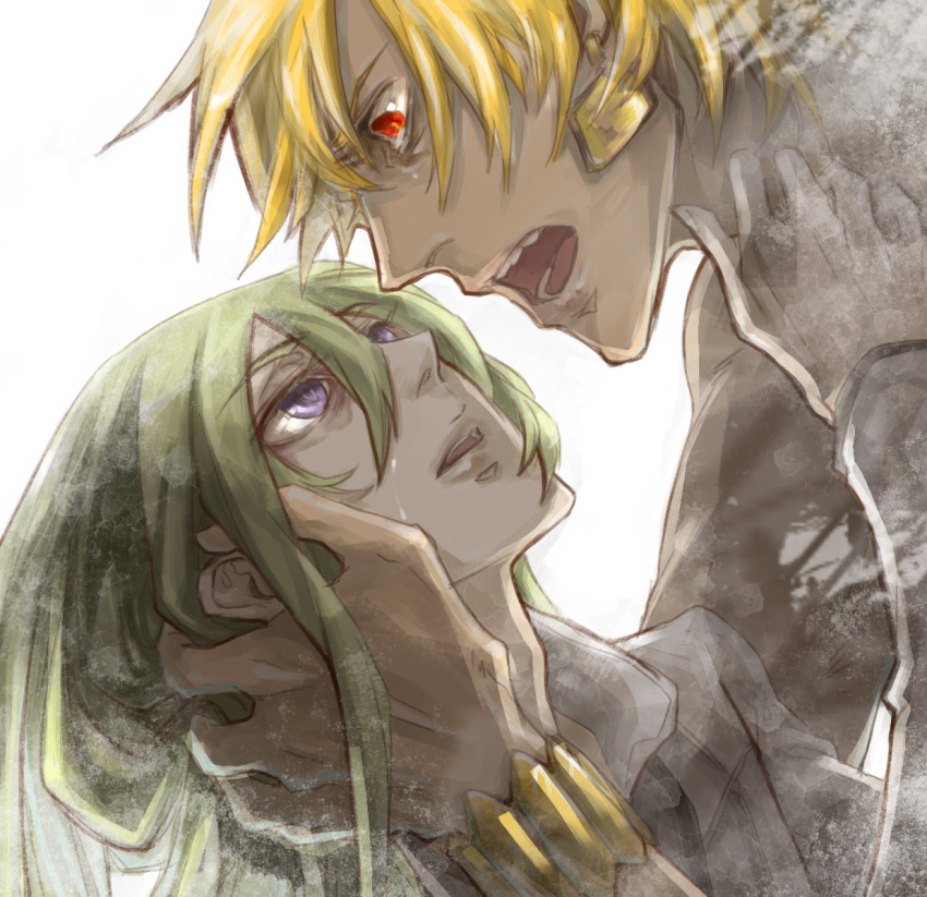 blue_eyes bracelet darkwinslow death earrings enkidu_(fate/strange_fake) fate/stay_night fate/strange_fake fate_(series) gilgamesh green_hair jewelry long_hair male multiple_boys red_eyes short_hair tears trap