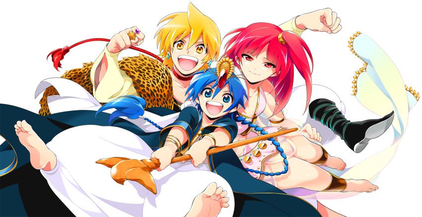 2boys aladdin_(magi) ali_baba_saluja ankle_cuffs anklet barefoot blonde_hair blue_eyes blue_hair braid dalc_rose feet highres jewelry long_hair magi_the_labyrinth_of_magic morgiana multiple_boys red_eyes red_hair redhead short_hair side_ponytail simple_background soles staff turban white_background yellow_eyes
