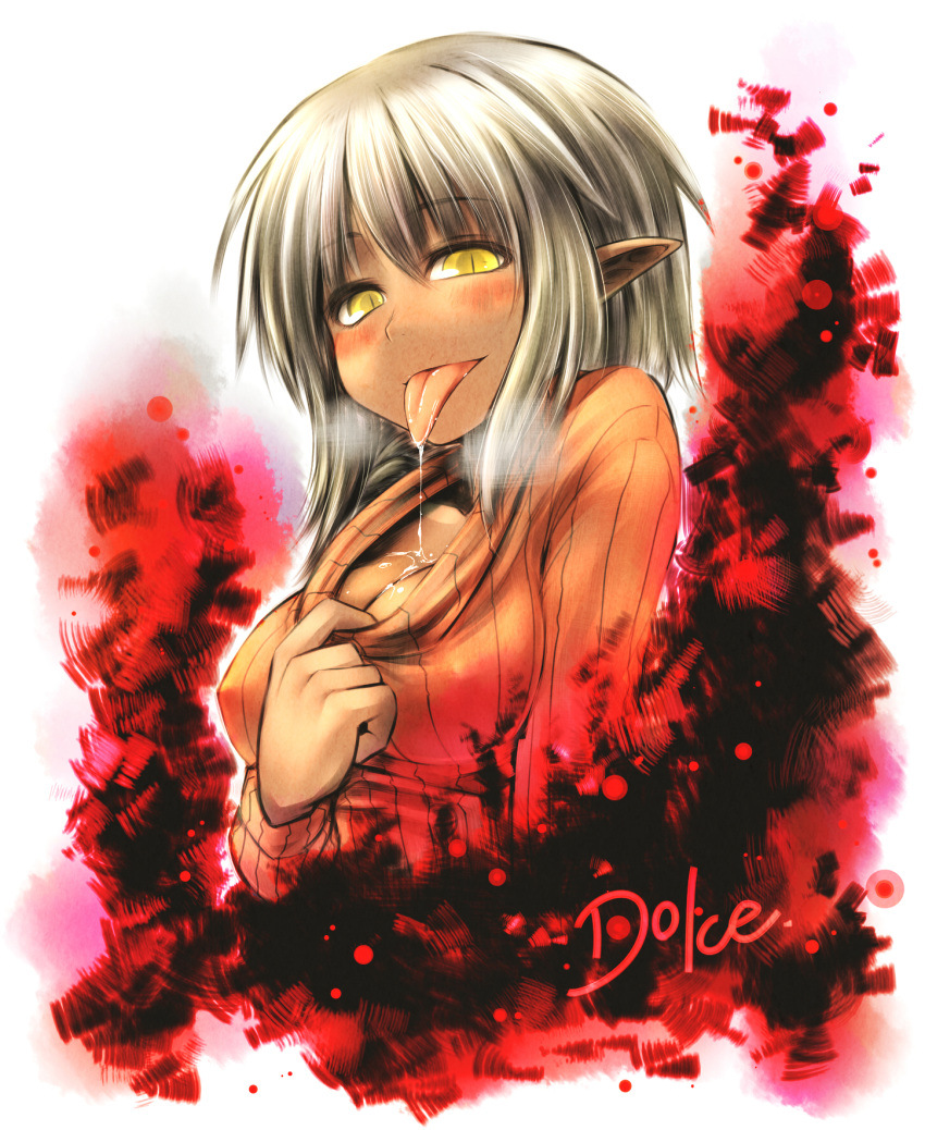 ayakashi_banashi blush breasts bust chankodining_waka cleavage highres looking_at_viewer open_mouth original pointy_ears saliva saliva_trail short_hair silver_hair slit_pupils solo sweater tongue tongue_out turtleneck yellow_eyes