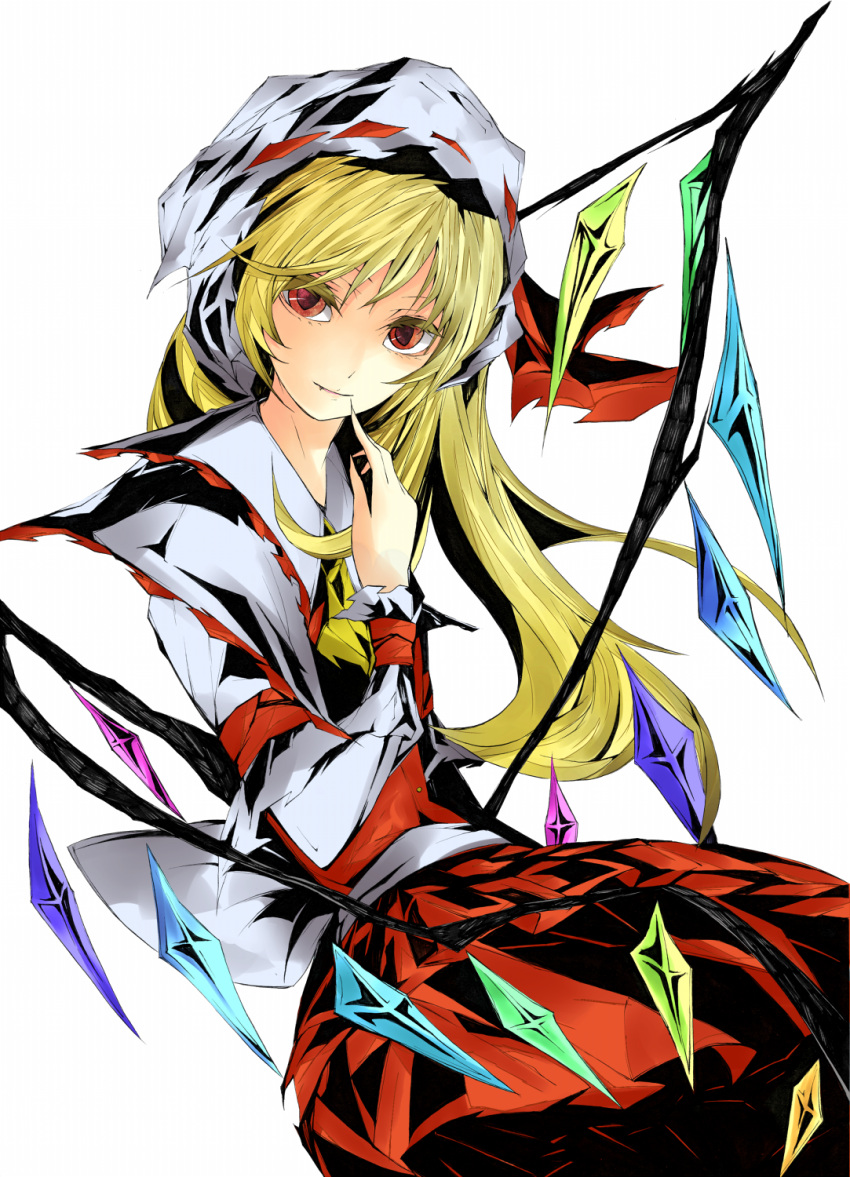 alternate_hair_length alternate_hairstyle ascot blonde_hair colored_eyelashes eyelashes fang finger_to_mouth flandre_scarlet grin hat hat_ribbon highres long_hair looking_at_viewer red_eyes ribbon shirt side_ponytail simple_background skirt skirt_set smile solo the_embodiment_of_scarlet_devil touhou vest wings yutapon