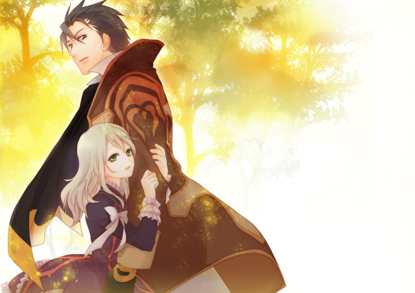 arm_grab black_hair blonde_hair brown_eyes coat elise_lutas elise_lutus f-tani green_eyes scarf tales_of_(series) tales_of_xillia tree