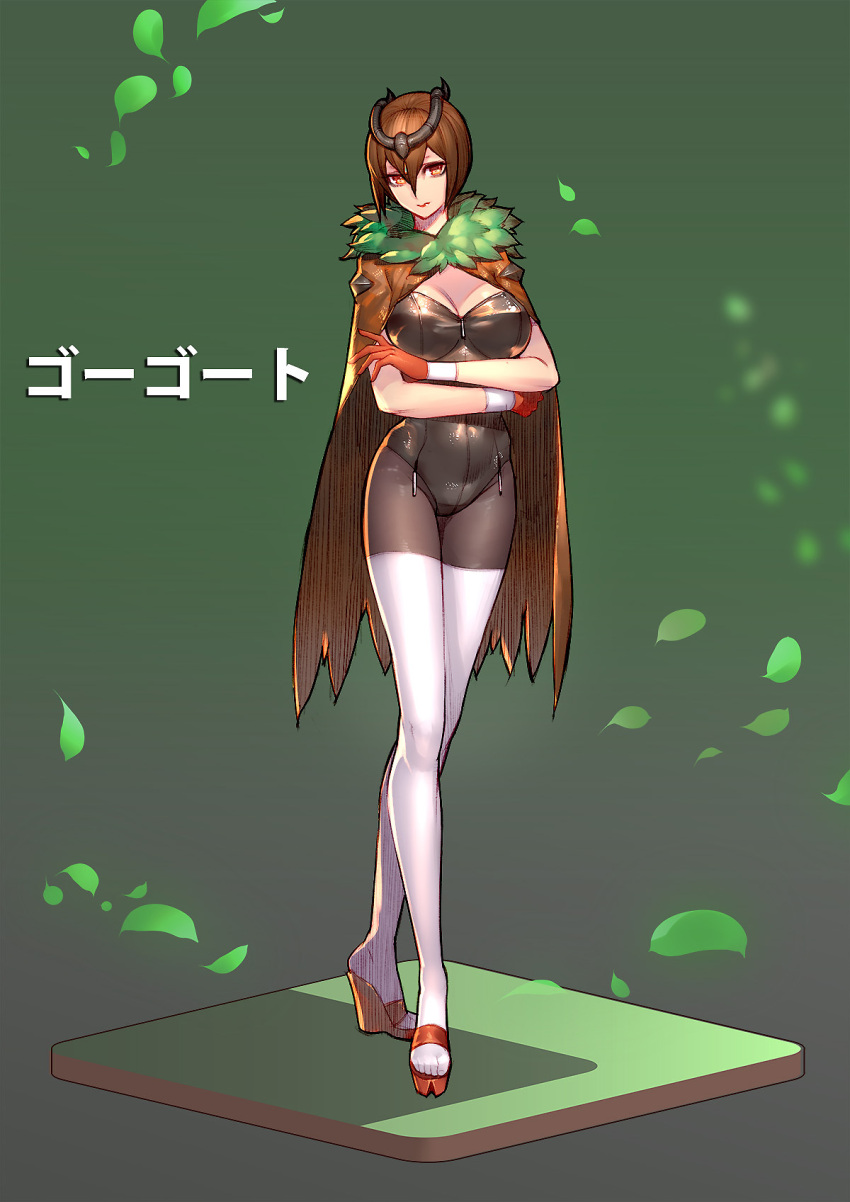 brown_eyes brown_hair bustier cape gloves gogoat hair_ornament highres personification pokemon ryushin thigh-highs
