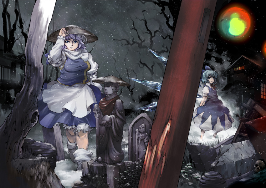absurdres apron blue_dress blue_eyes blue_hair bow cirno dress hair_bow hand_on_hat hat highres house letty_whiterock multiple_girls perfect_cherry_blossom scarf shirt skull snowing statue tomotsuka_haruomi touhou tree wings