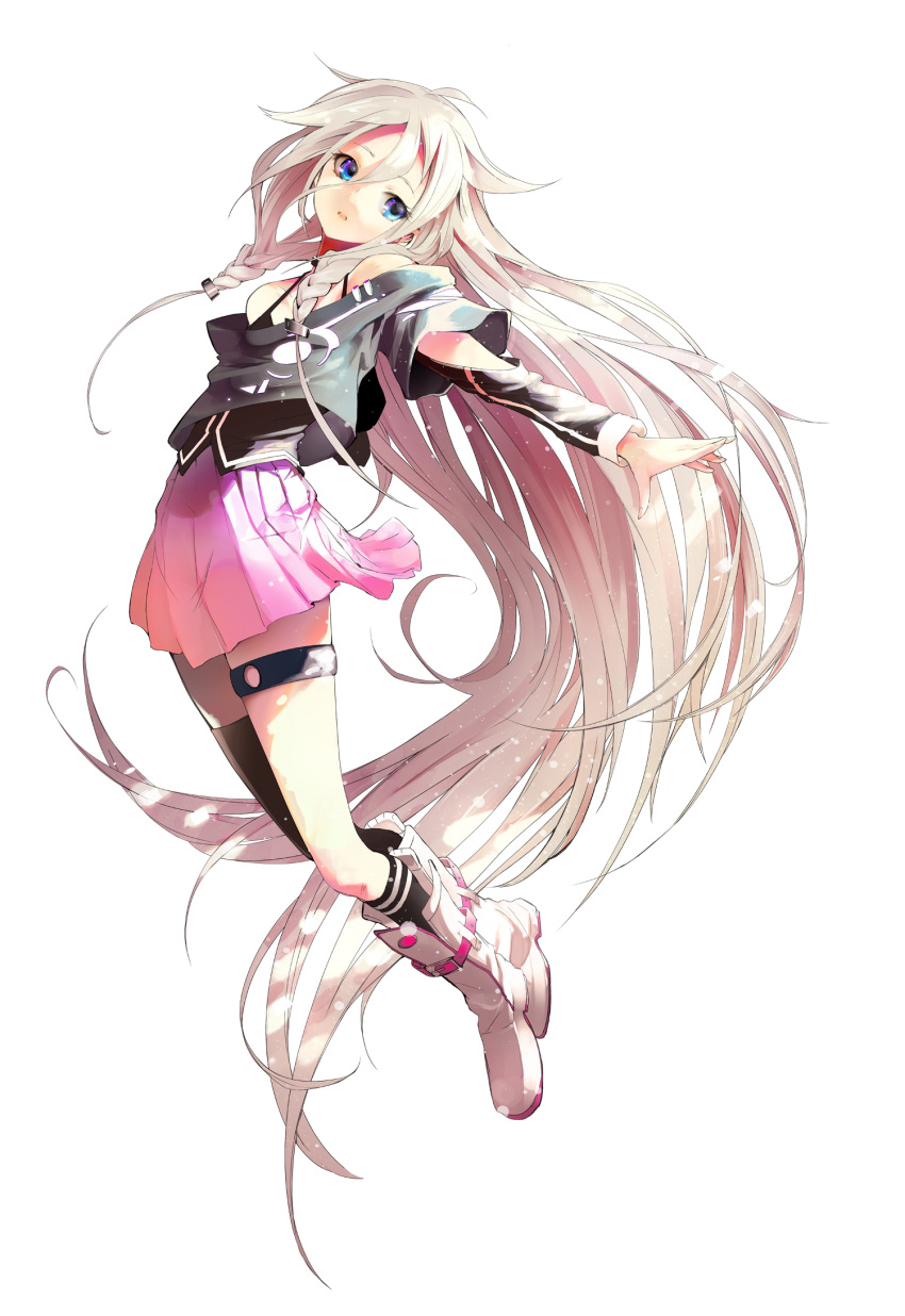 1girl akasaka_aka bare_shoulders blue_eyes boots braid female floating full_body hair_between_eyes highres ia_(vocaloid) legband legs long_hair mismatched_legwear official_art parted_lips pink_hair pleated_skirt simple_background skirt solo thigh_strap thighhighs twintails very_long_hair vocaloid white_background